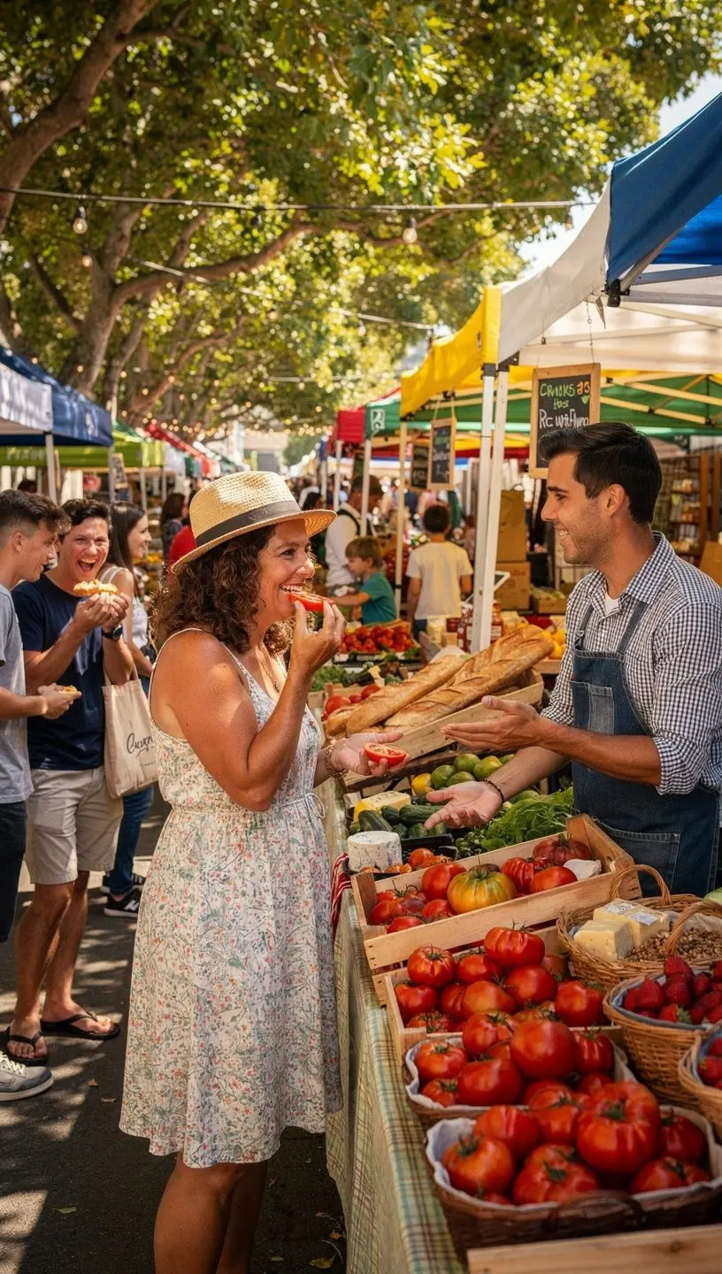 Туристы пробуют местные деликатесы на уличной ярмарке